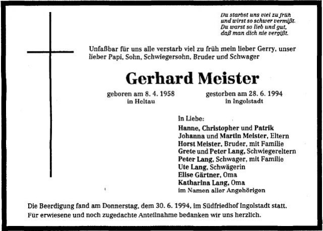 Meister Gerhard 1958-1994 Todesanzeige